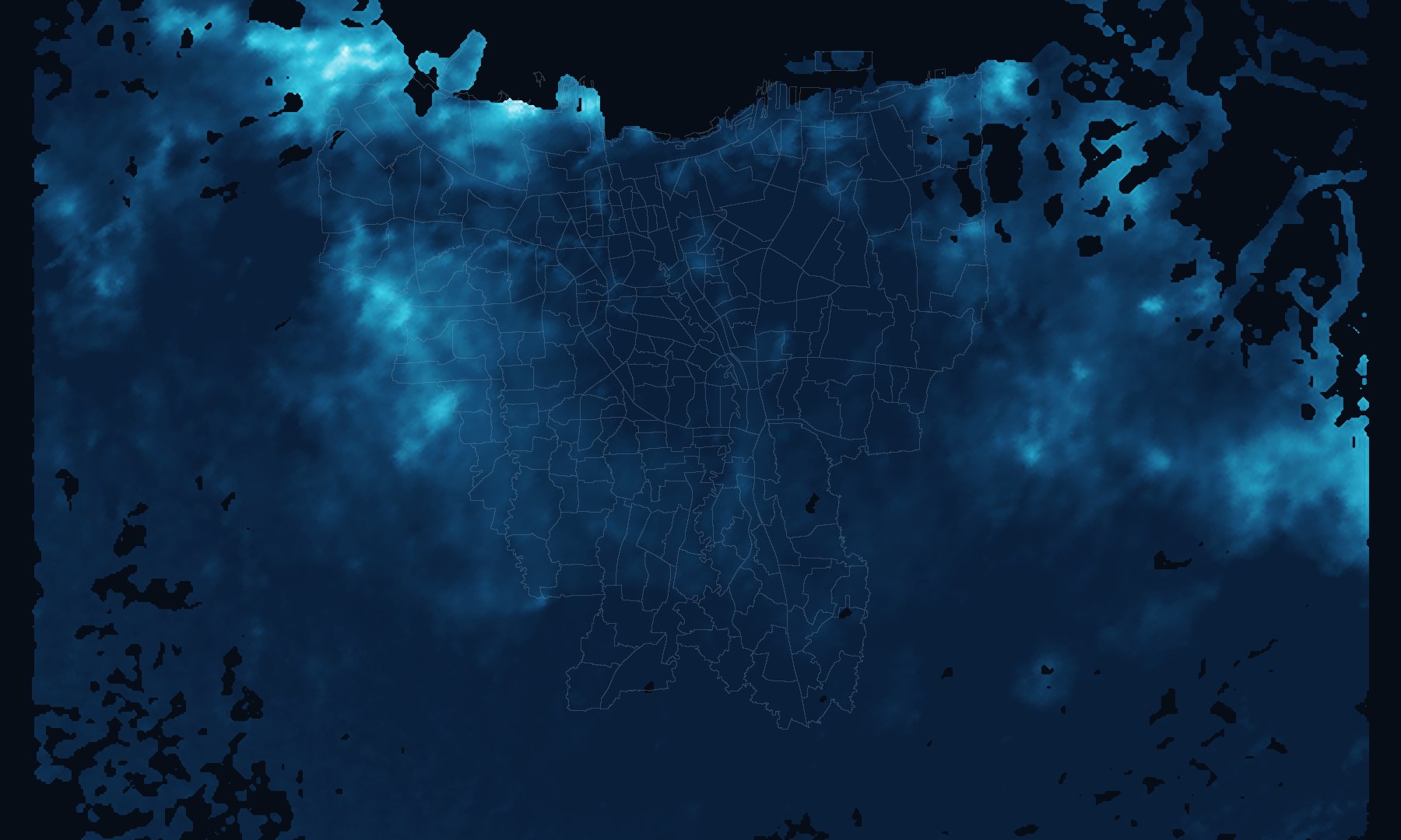 Greater Jakarta rendered in the bathymetric ramp — stable ground in navy, the fastest-subsiding north coast in luminous cyan