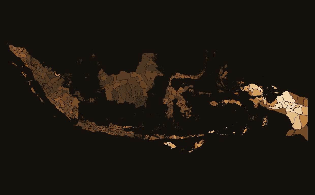 Indonesia by inferred poverty rate — every regency shaded from soil-dark (least poor) to pale sand (poorest); Papua pale, Java dark